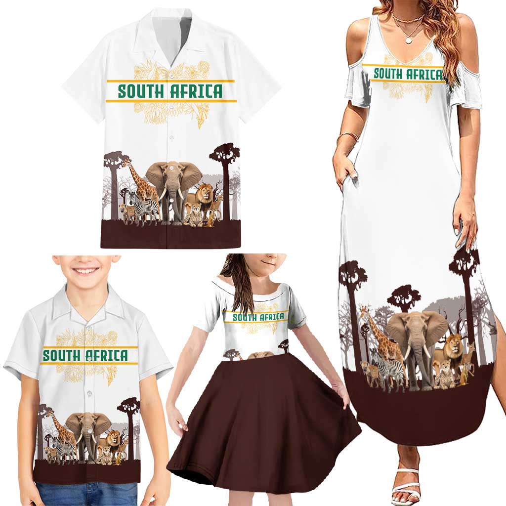 South Africa Wildlife Pride Family Matching Summer Maxi Dress and Hawaiian Shirt Big Five with National Flag and Protea Floral Accent