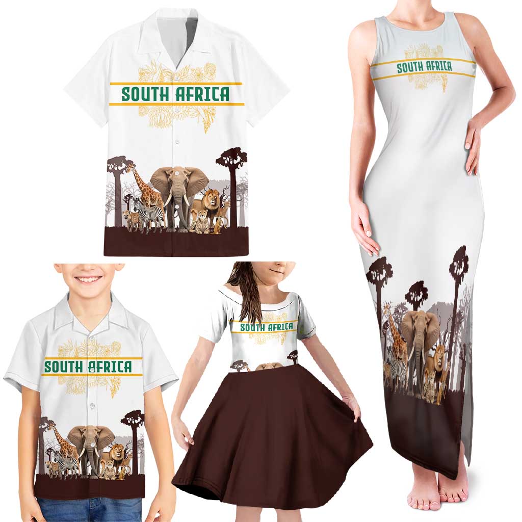 South Africa Wildlife Pride Family Matching Tank Maxi Dress and Hawaiian Shirt Big Five with National Flag and Protea Floral Accent