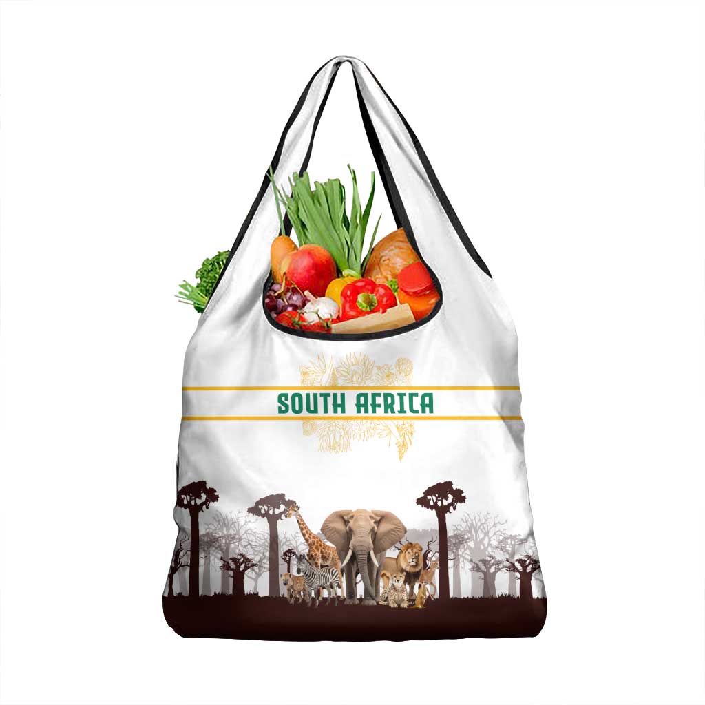 South Africa Wildlife Pride Grocery Bag Big Five with National Flag and Protea Floral Accent