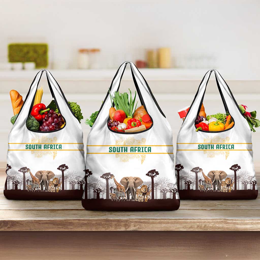 South Africa Wildlife Pride Grocery Bag Big Five with National Flag and Protea Floral Accent