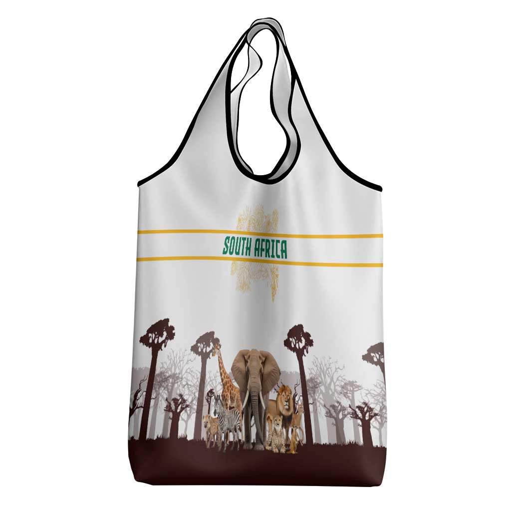 South Africa Wildlife Pride Grocery Bag Big Five with National Flag and Protea Floral Accent
