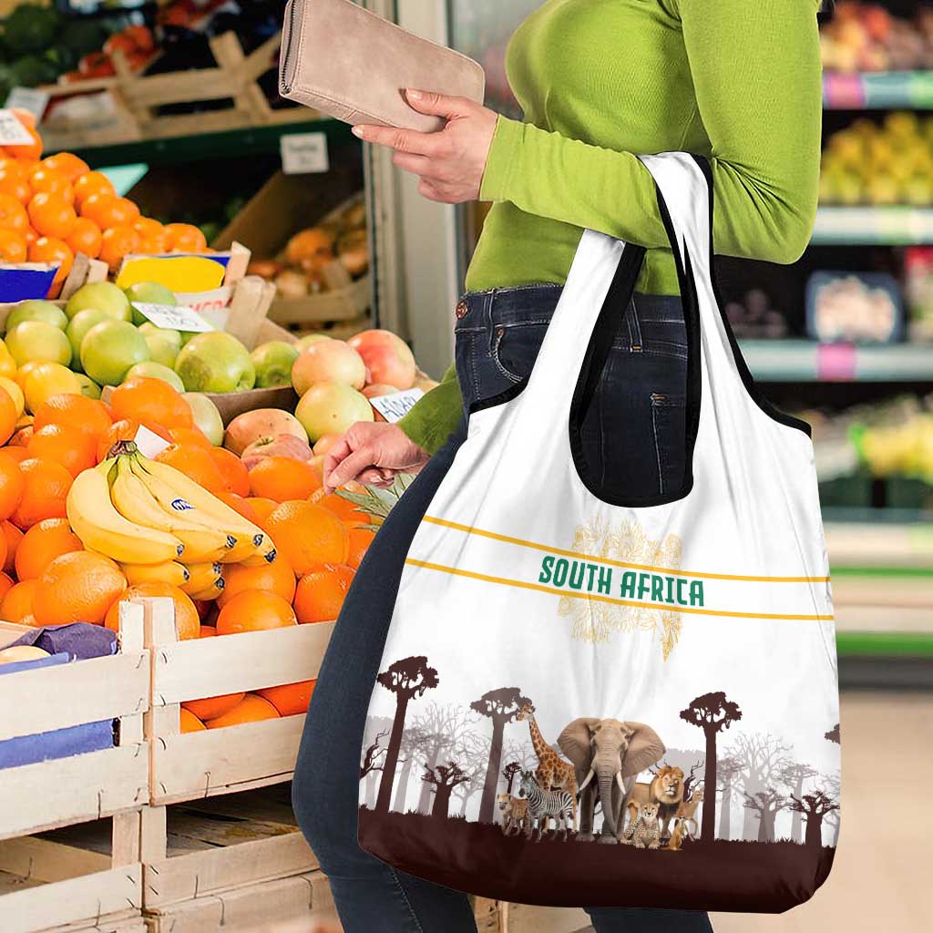 South Africa Wildlife Pride Grocery Bag Big Five with National Flag and Protea Floral Accent