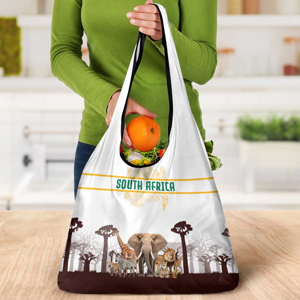 South Africa Wildlife Pride Grocery Bag Big Five with National Flag and Protea Floral Accent