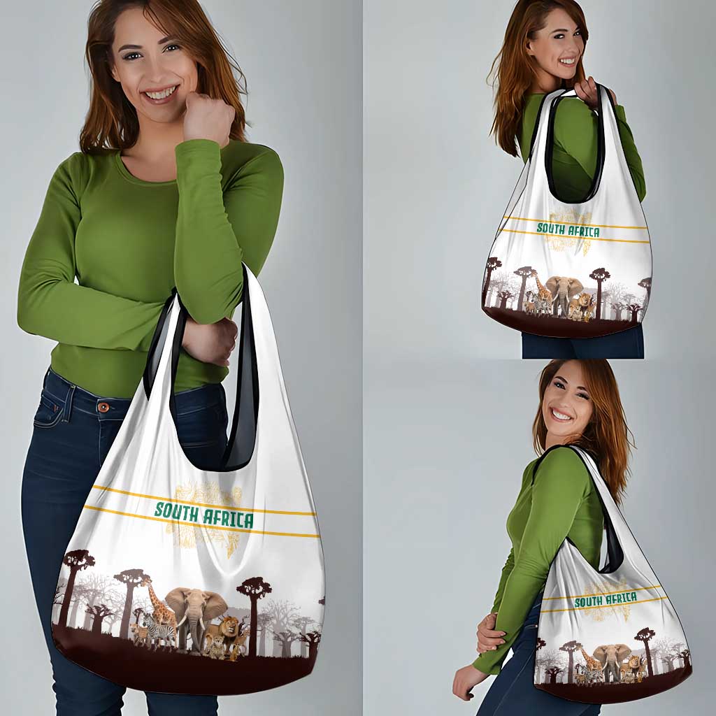South Africa Wildlife Pride Grocery Bag Big Five with National Flag and Protea Floral Accent