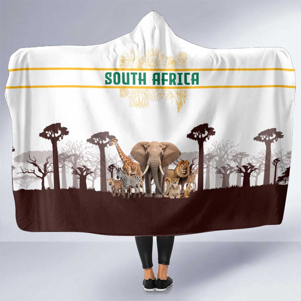 South Africa Wildlife Pride Hooded Blanket Big Five with National Flag and Protea Floral Accent