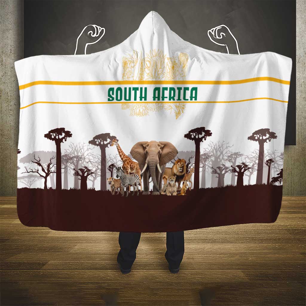 South Africa Wildlife Pride Hooded Blanket Big Five with National Flag and Protea Floral Accent
