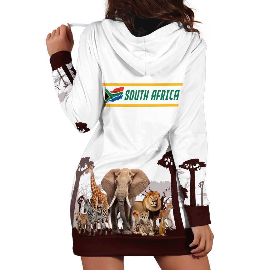 South Africa Wildlife Pride Hoodie Dress Big Five with National Flag and Protea Floral Accent