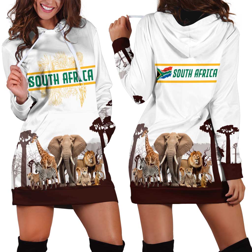 South Africa Wildlife Pride Hoodie Dress Big Five with National Flag and Protea Floral Accent