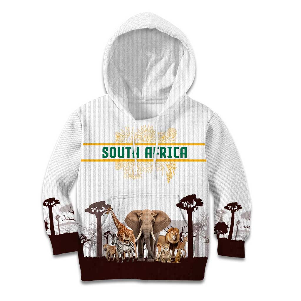 South Africa Wildlife Pride Kid Hoodie Big Five with National Flag and Protea Floral Accent
