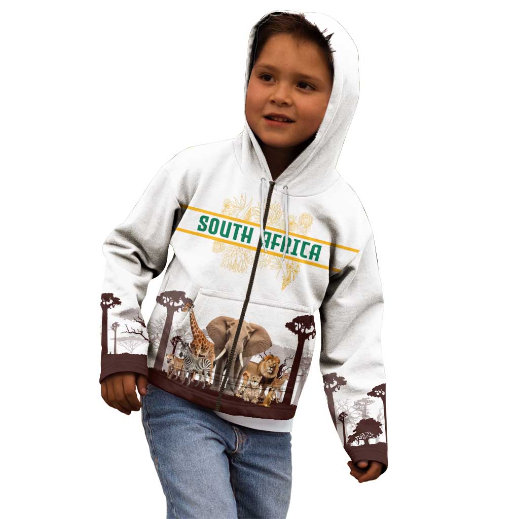 South Africa Wildlife Pride Kid Hoodie Big Five with National Flag and Protea Floral Accent