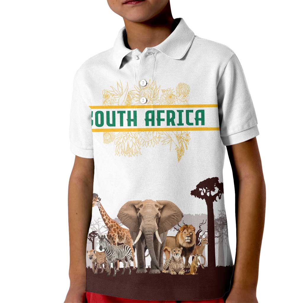 South Africa Wildlife Pride Kid Polo Shirt Big Five with National Flag and Protea Floral Accent