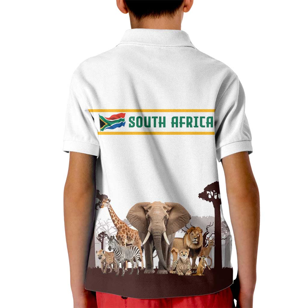 South Africa Wildlife Pride Kid Polo Shirt Big Five with National Flag and Protea Floral Accent