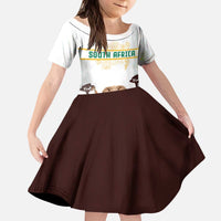 South Africa Wildlife Pride Kid Short Sleeve Dress Big Five with National Flag and Protea Floral Accent