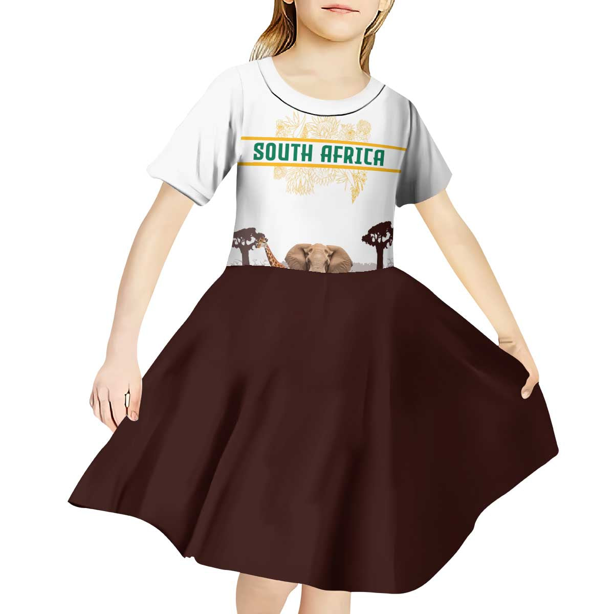 South Africa Wildlife Pride Kid Short Sleeve Dress Big Five with National Flag and Protea Floral Accent