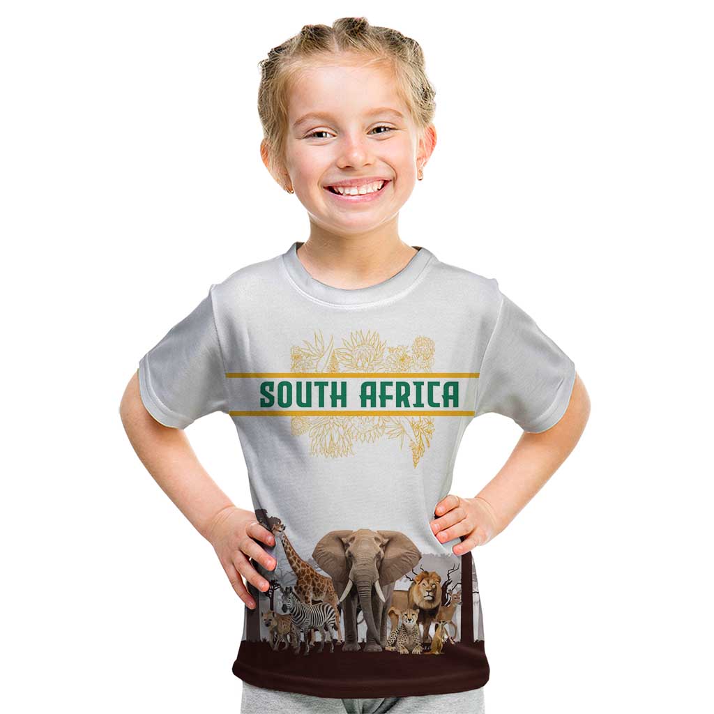 South Africa Wildlife Pride Kid T Shirt Big Five with National Flag and Protea Floral Accent