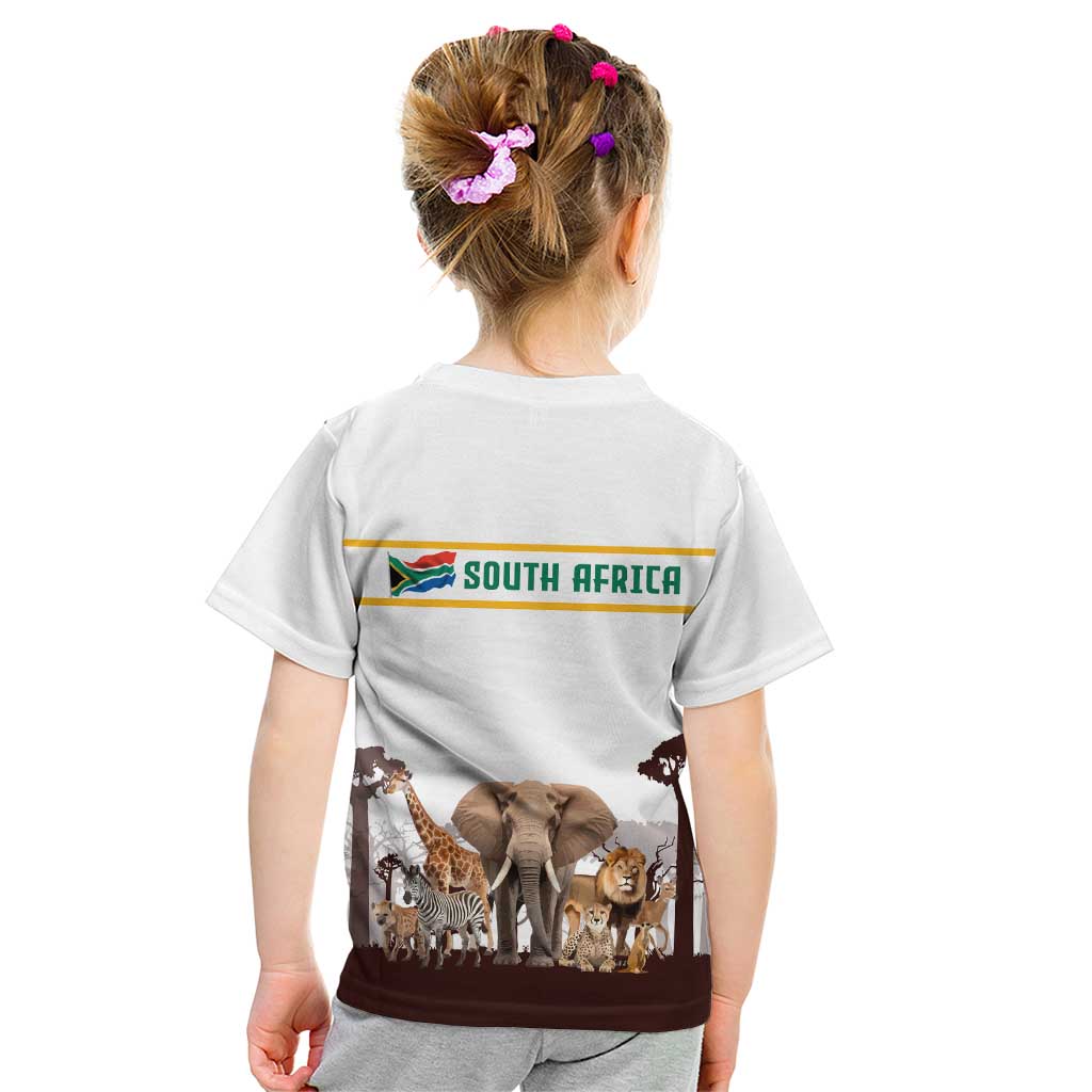 South Africa Wildlife Pride Kid T Shirt Big Five with National Flag and Protea Floral Accent
