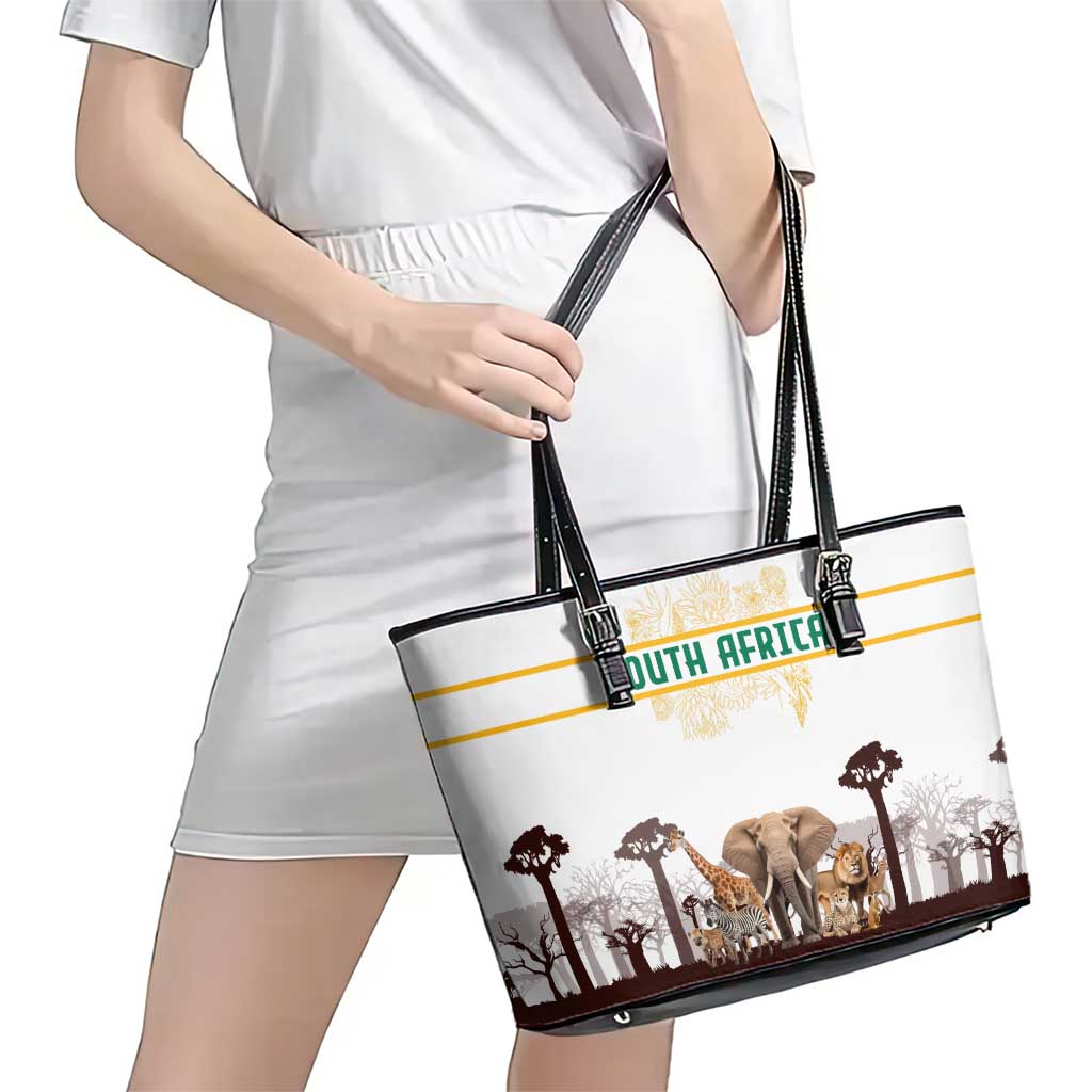 South Africa Wildlife Pride Leather Tote Bag Big Five with National Flag and Protea Floral Accent