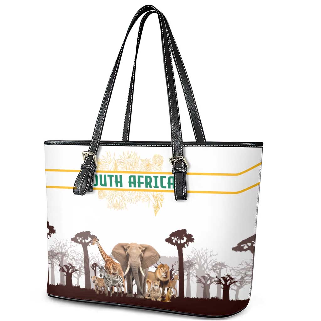 South Africa Wildlife Pride Leather Tote Bag Big Five with National Flag and Protea Floral Accent