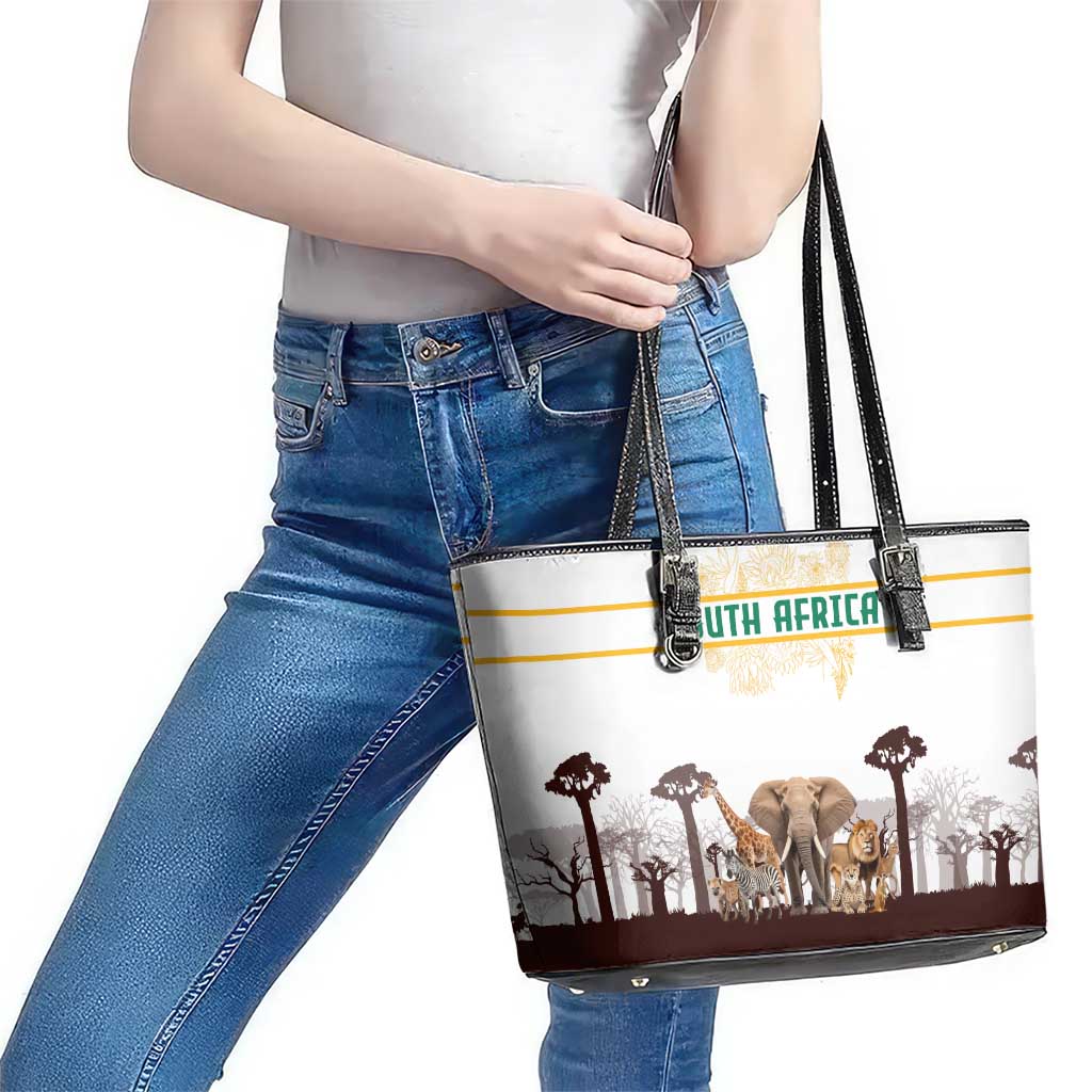 South Africa Wildlife Pride Leather Tote Bag Big Five with National Flag and Protea Floral Accent