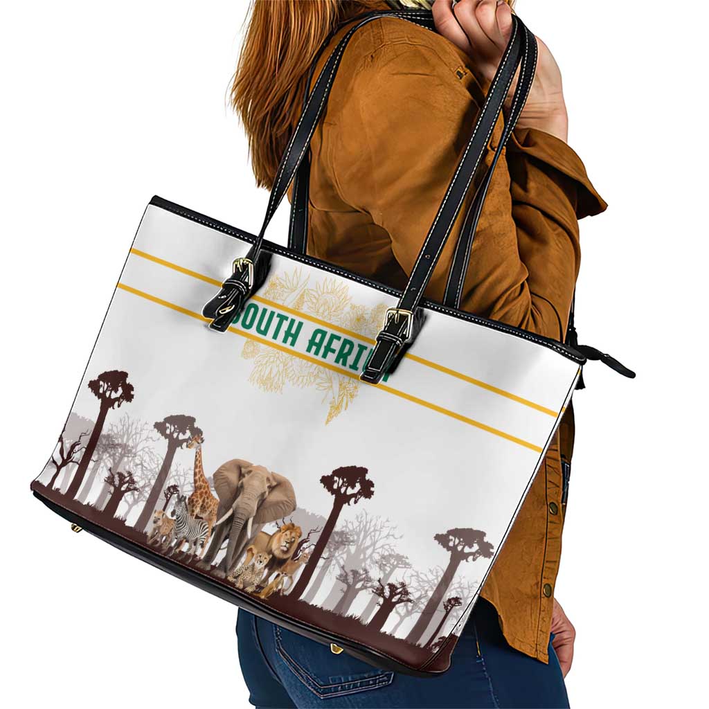 South Africa Wildlife Pride Leather Tote Bag Big Five with National Flag and Protea Floral Accent