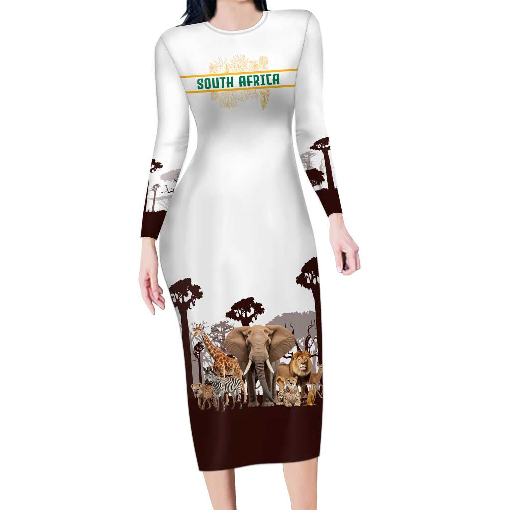 South Africa Wildlife Pride Long Sleeve Bodycon Dress Big Five with National Flag and Protea Floral Accent