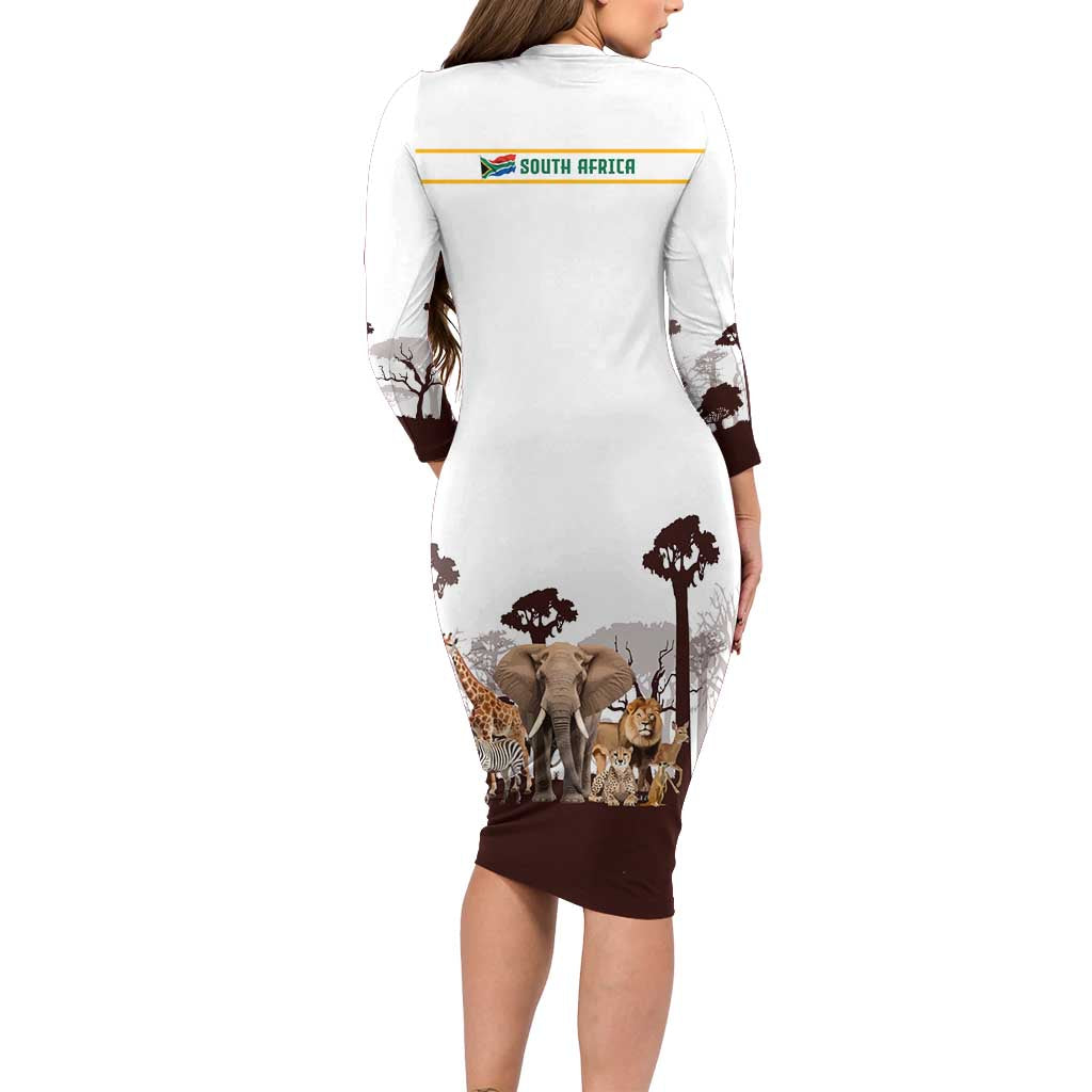 South Africa Wildlife Pride Long Sleeve Bodycon Dress Big Five with National Flag and Protea Floral Accent