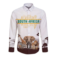 South Africa Wildlife Pride Long Sleeve Button Shirt Big Five with National Flag and Protea Floral Accent