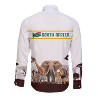 South Africa Wildlife Pride Long Sleeve Button Shirt Big Five with National Flag and Protea Floral Accent