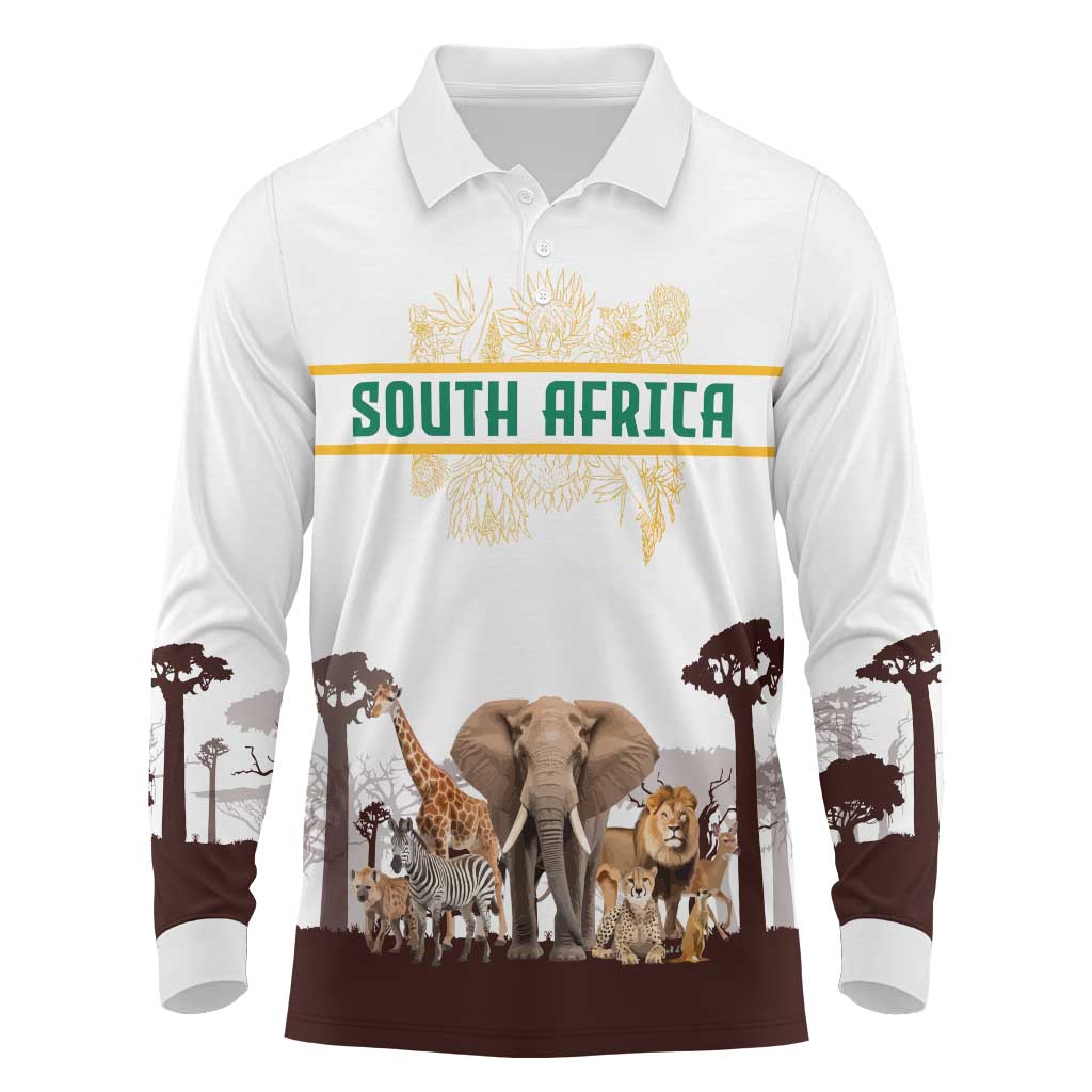South Africa Wildlife Pride Long Sleeve Polo Shirt Big Five with National Flag and Protea Floral Accent