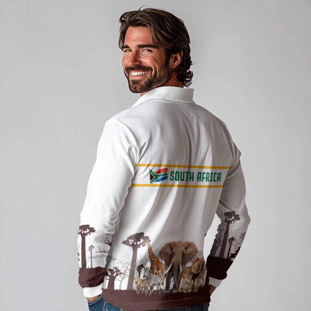 South Africa Wildlife Pride Long Sleeve Polo Shirt Big Five with National Flag and Protea Floral Accent