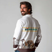 South Africa Wildlife Pride Long Sleeve Polo Shirt Big Five with National Flag and Protea Floral Accent