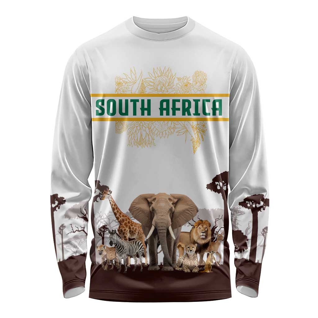 South Africa Wildlife Pride Long Sleeve Shirt Big Five with National Flag and Protea Floral Accent
