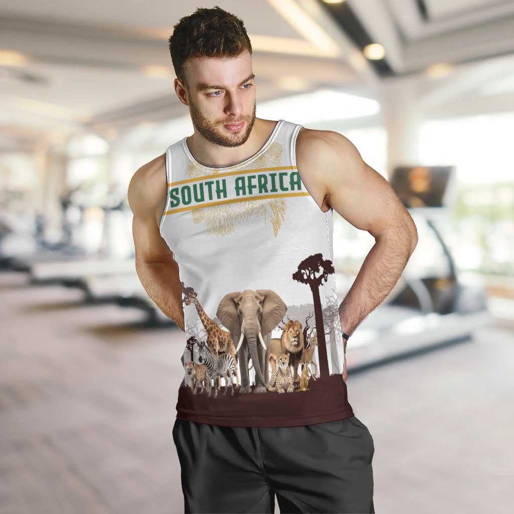 South Africa Wildlife Pride Men Tank Top Big Five with National Flag and Protea Floral Accent