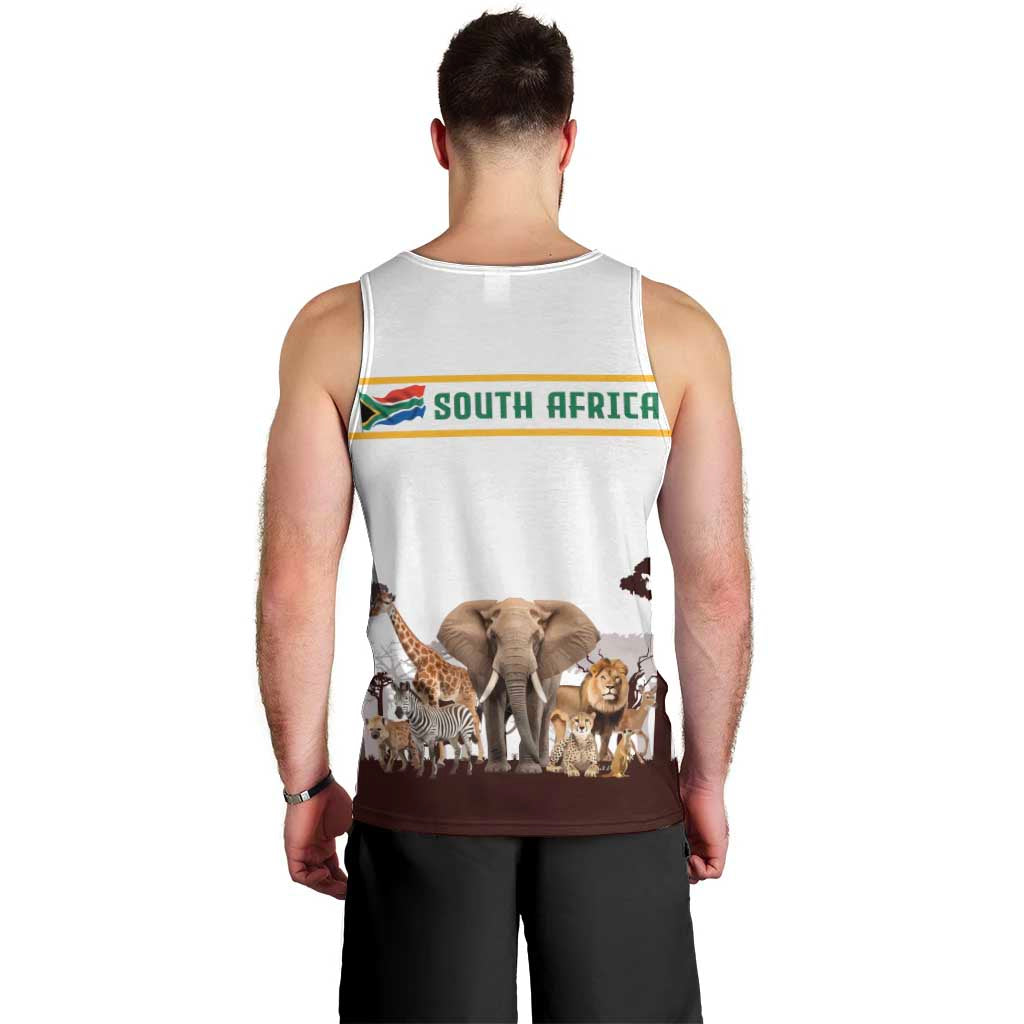 South Africa Wildlife Pride Men Tank Top Big Five with National Flag and Protea Floral Accent