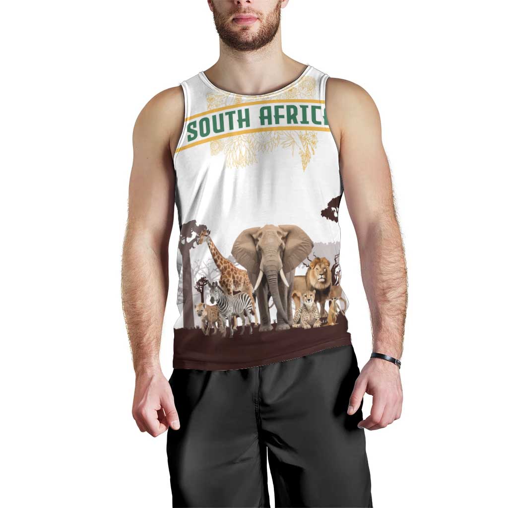 South Africa Wildlife Pride Men Tank Top Big Five with National Flag and Protea Floral Accent