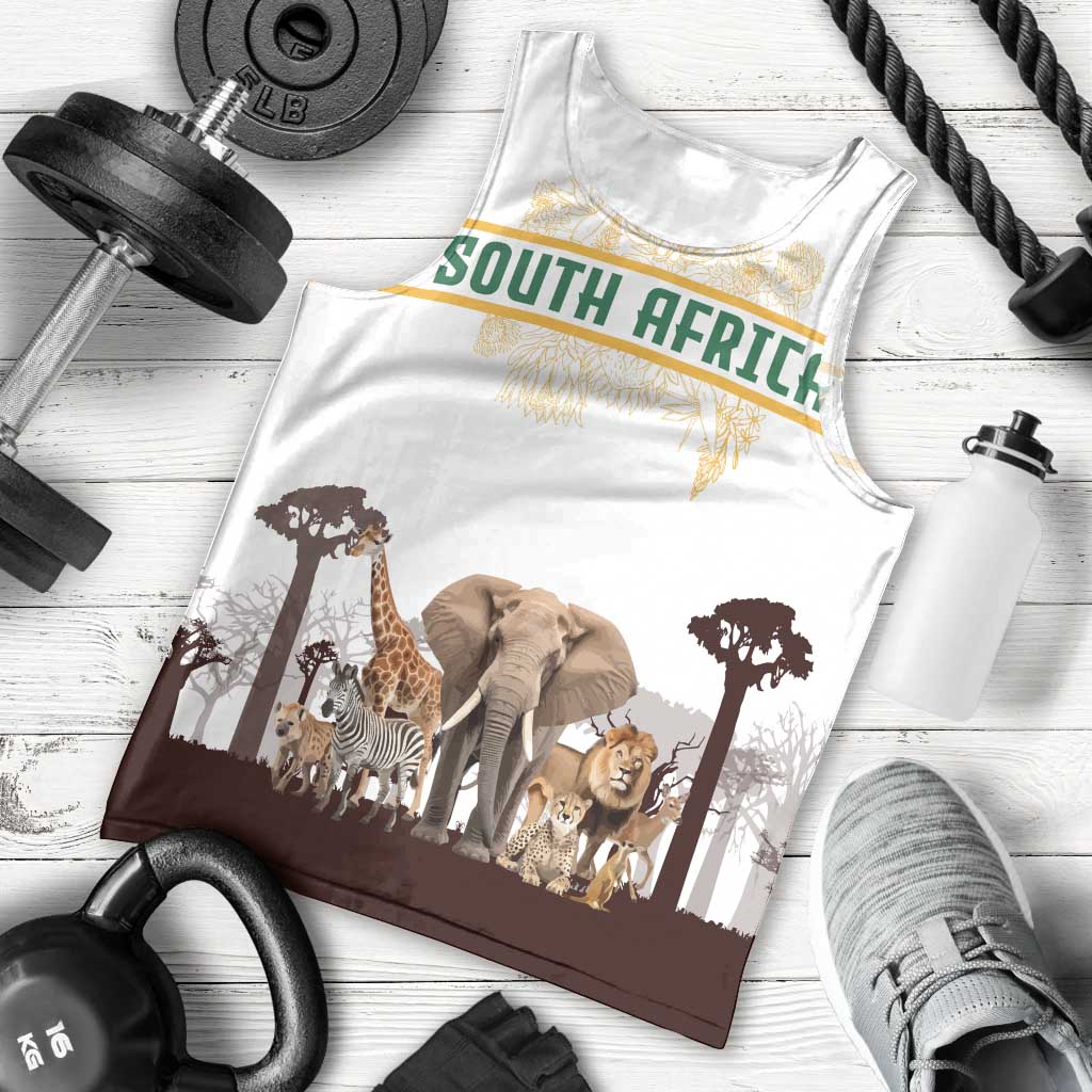 South Africa Wildlife Pride Men Tank Top Big Five with National Flag and Protea Floral Accent