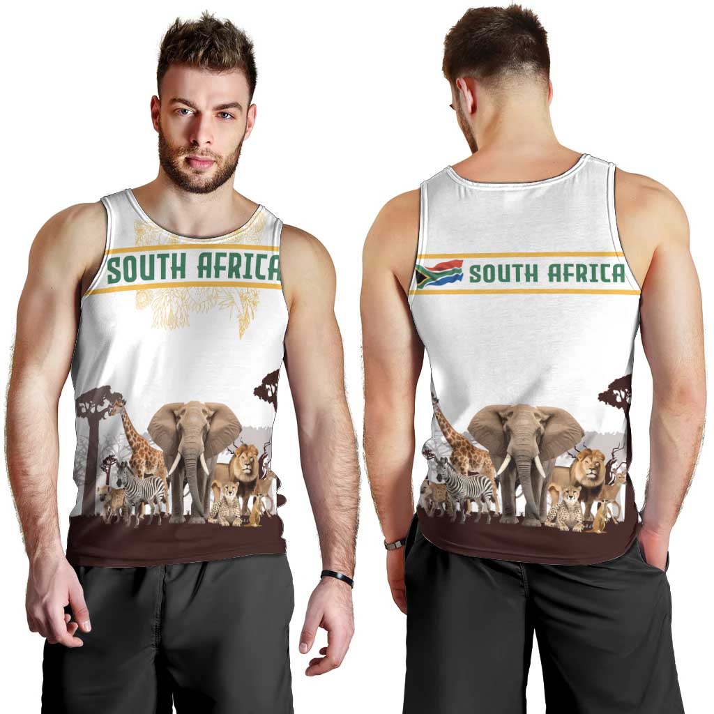 South Africa Wildlife Pride Men Tank Top Big Five with National Flag and Protea Floral Accent