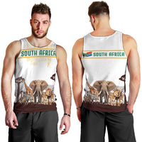 South Africa Wildlife Pride Men Tank Top Big Five with National Flag and Protea Floral Accent