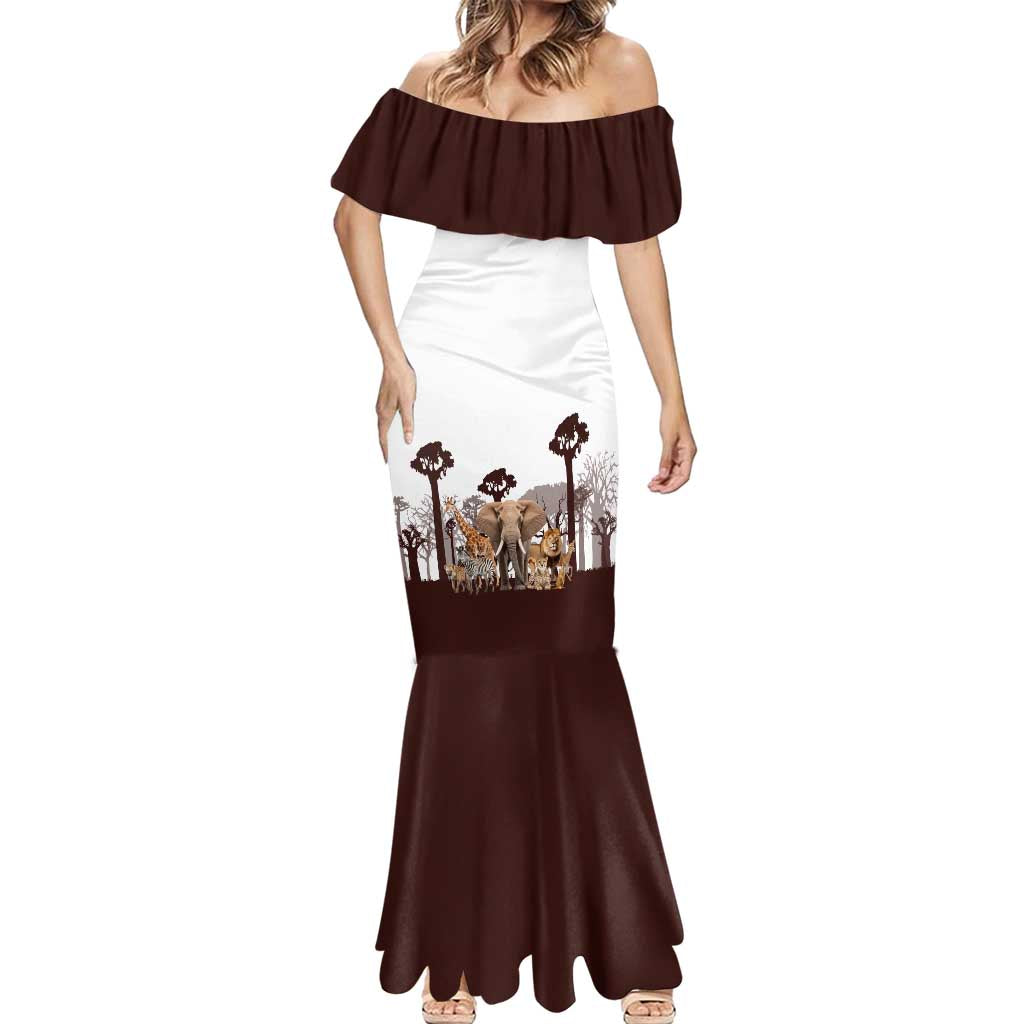 South Africa Wildlife Pride Mermaid Dress Big Five with National Flag and Protea Floral Accent