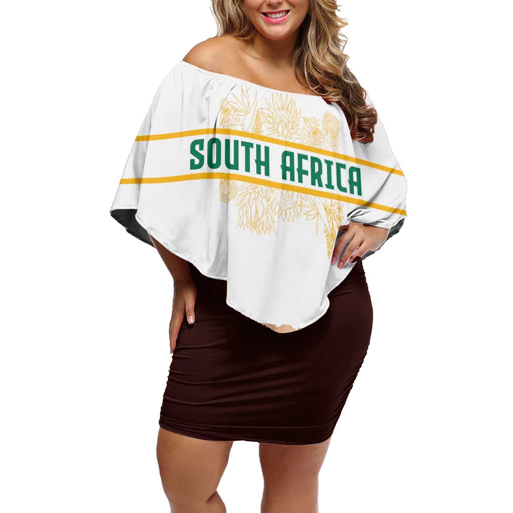 South Africa Wildlife Pride Off Shoulder Short Dress Big Five with National Flag and Protea Floral Accent