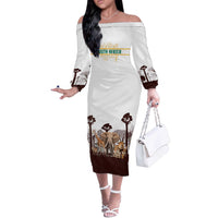 South Africa Wildlife Pride Off The Shoulder Long Sleeve Dress Big Five with National Flag and Protea Floral Accent