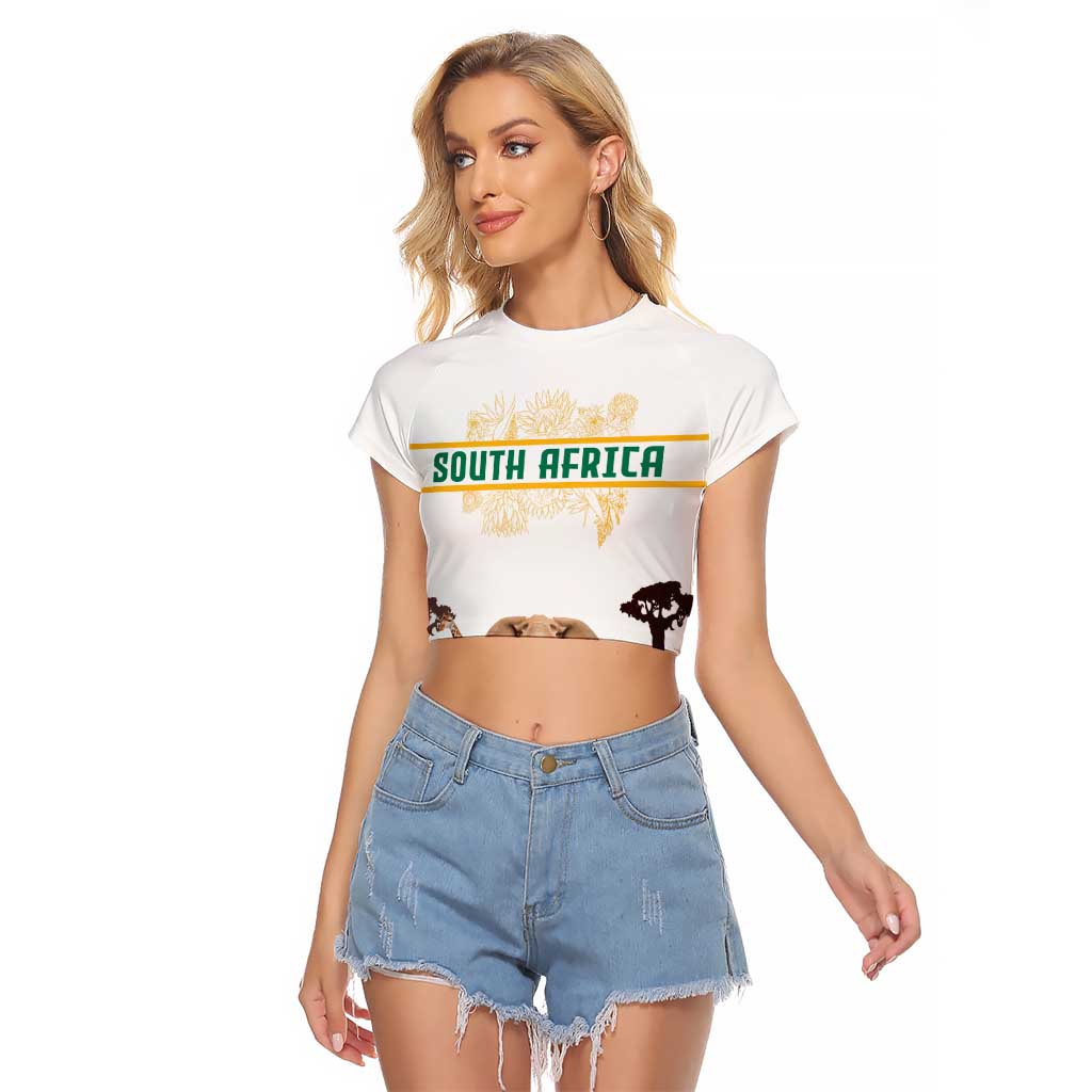South Africa Wildlife Pride Raglan Cropped T Shirt Big Five with National Flag and Protea Floral Accent
