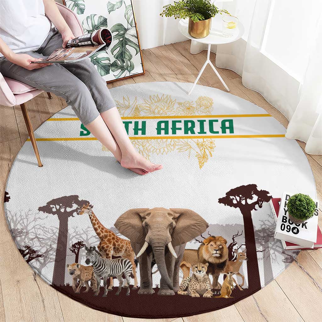South Africa Wildlife Pride Round Carpet Big Five with National Flag and Protea Floral Accent