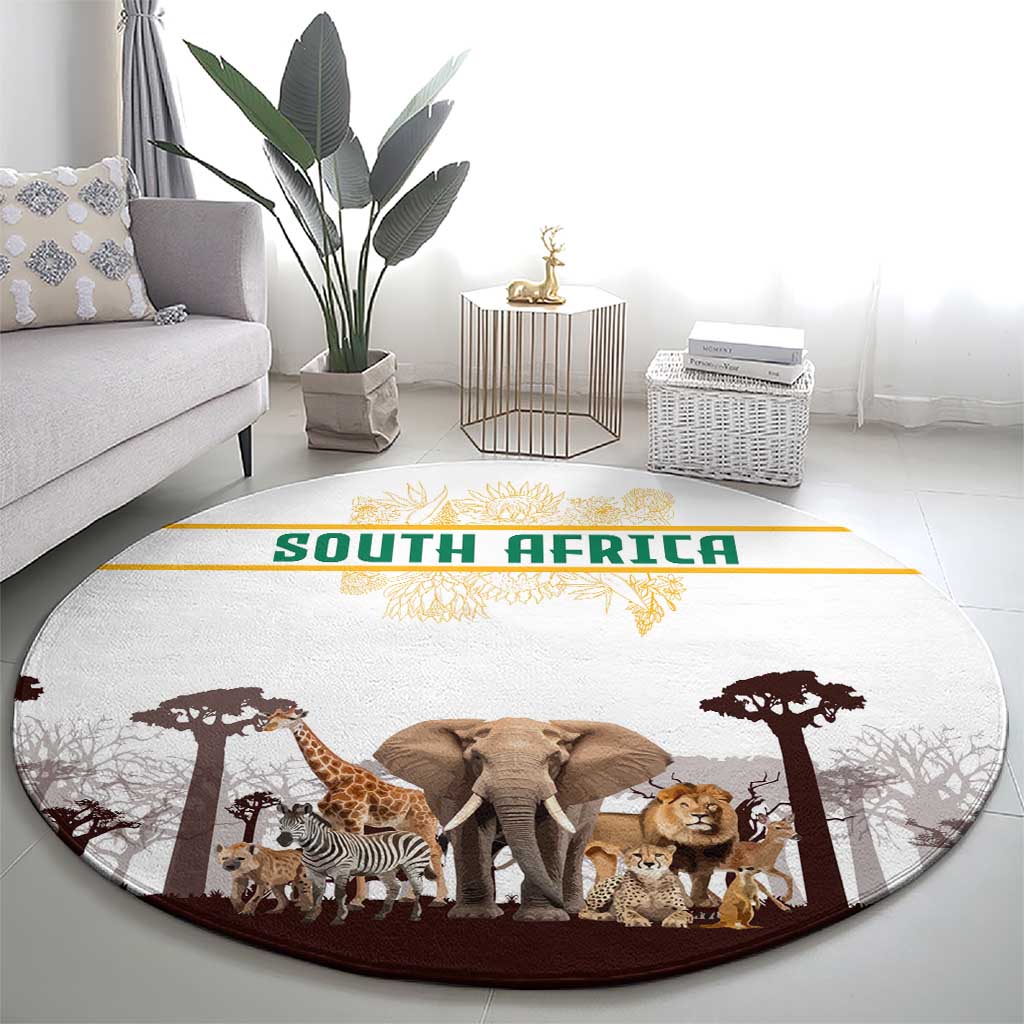 South Africa Wildlife Pride Round Carpet Big Five with National Flag and Protea Floral Accent