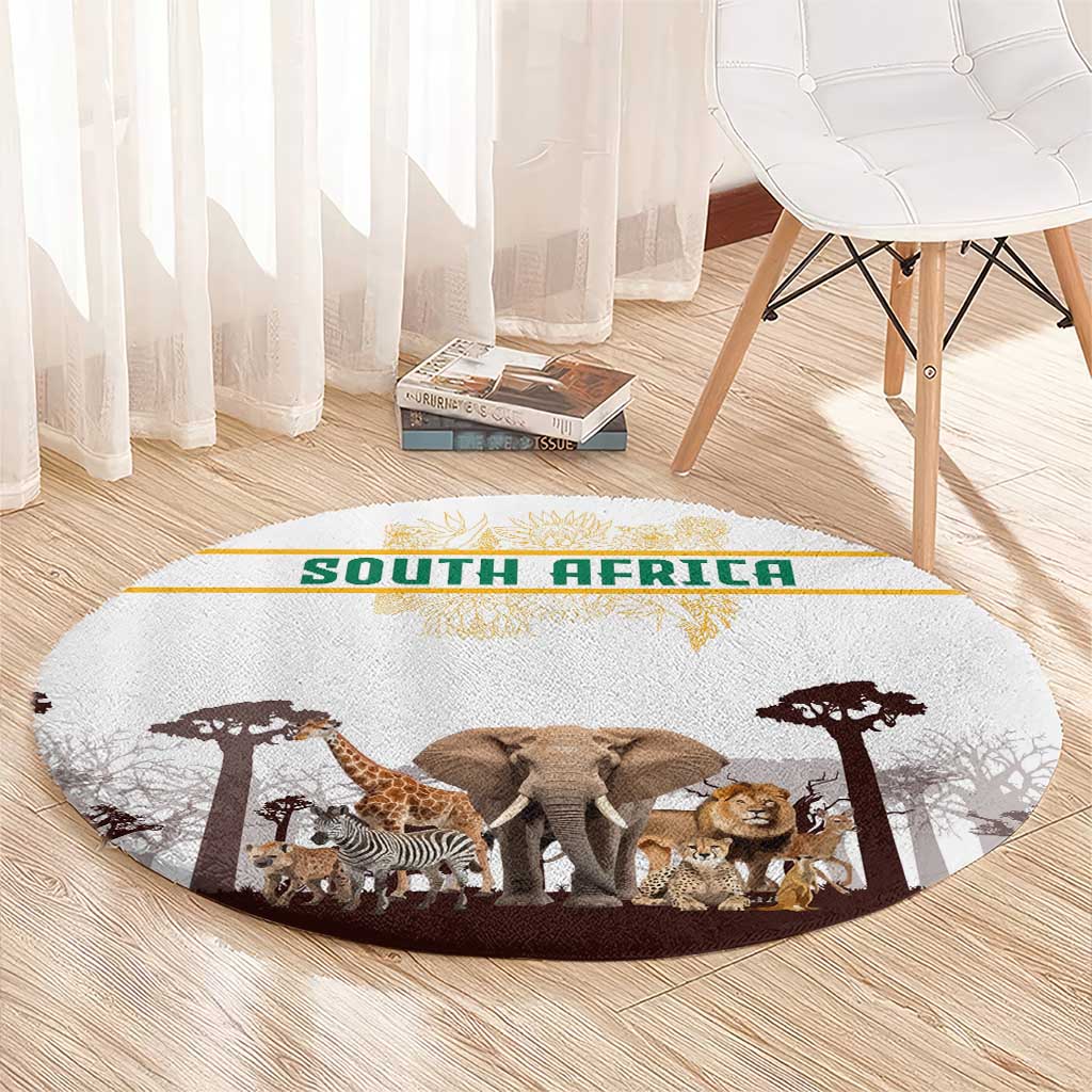 South Africa Wildlife Pride Round Carpet Big Five with National Flag and Protea Floral Accent