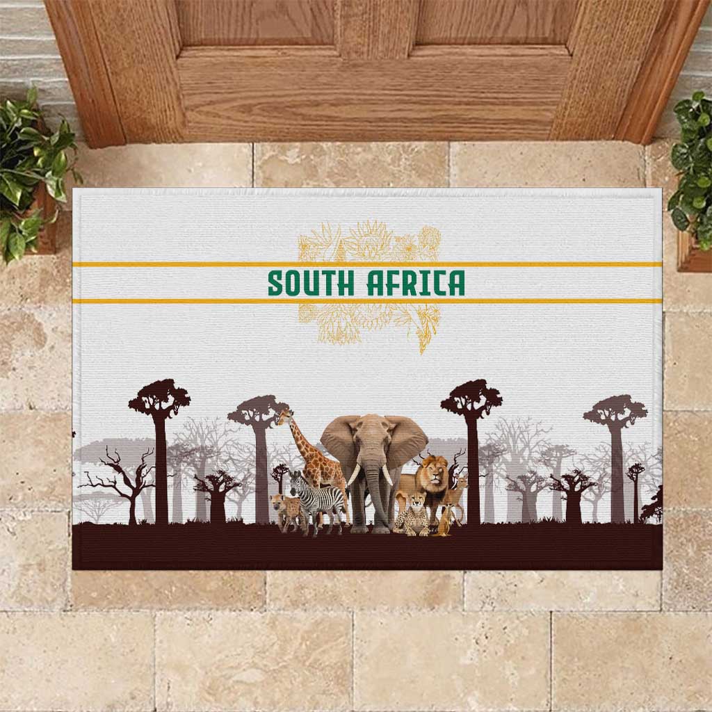 South Africa Wildlife Pride Rubber Doormat Big Five with National Flag and Protea Floral Accent