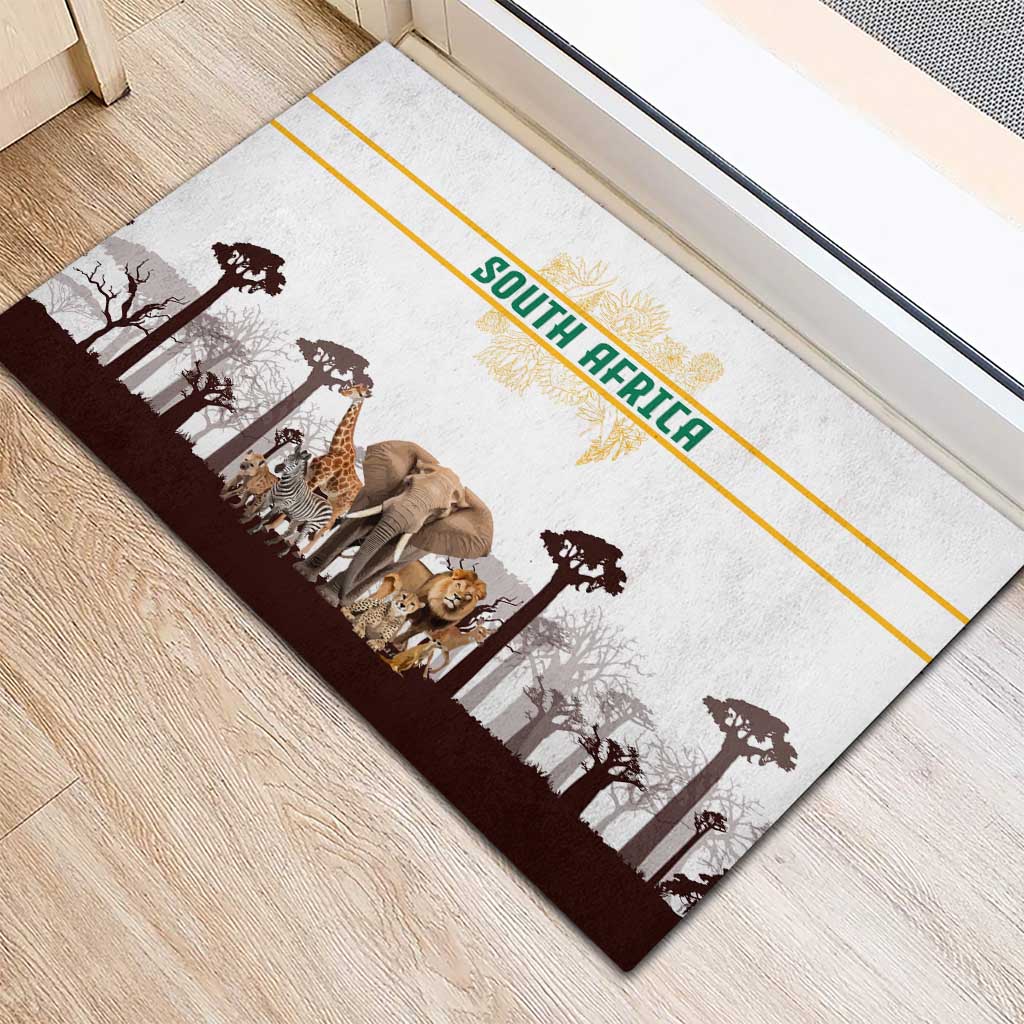 South Africa Wildlife Pride Rubber Doormat Big Five with National Flag and Protea Floral Accent