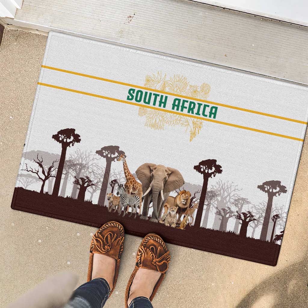 South Africa Wildlife Pride Rubber Doormat Big Five with National Flag and Protea Floral Accent