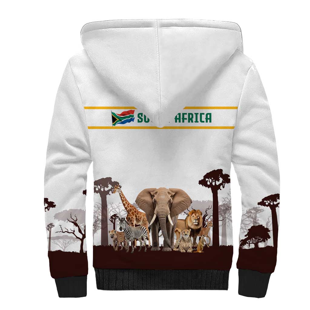 South Africa Wildlife Pride Sherpa Hoodie Big Five with National Flag and Protea Floral Accent