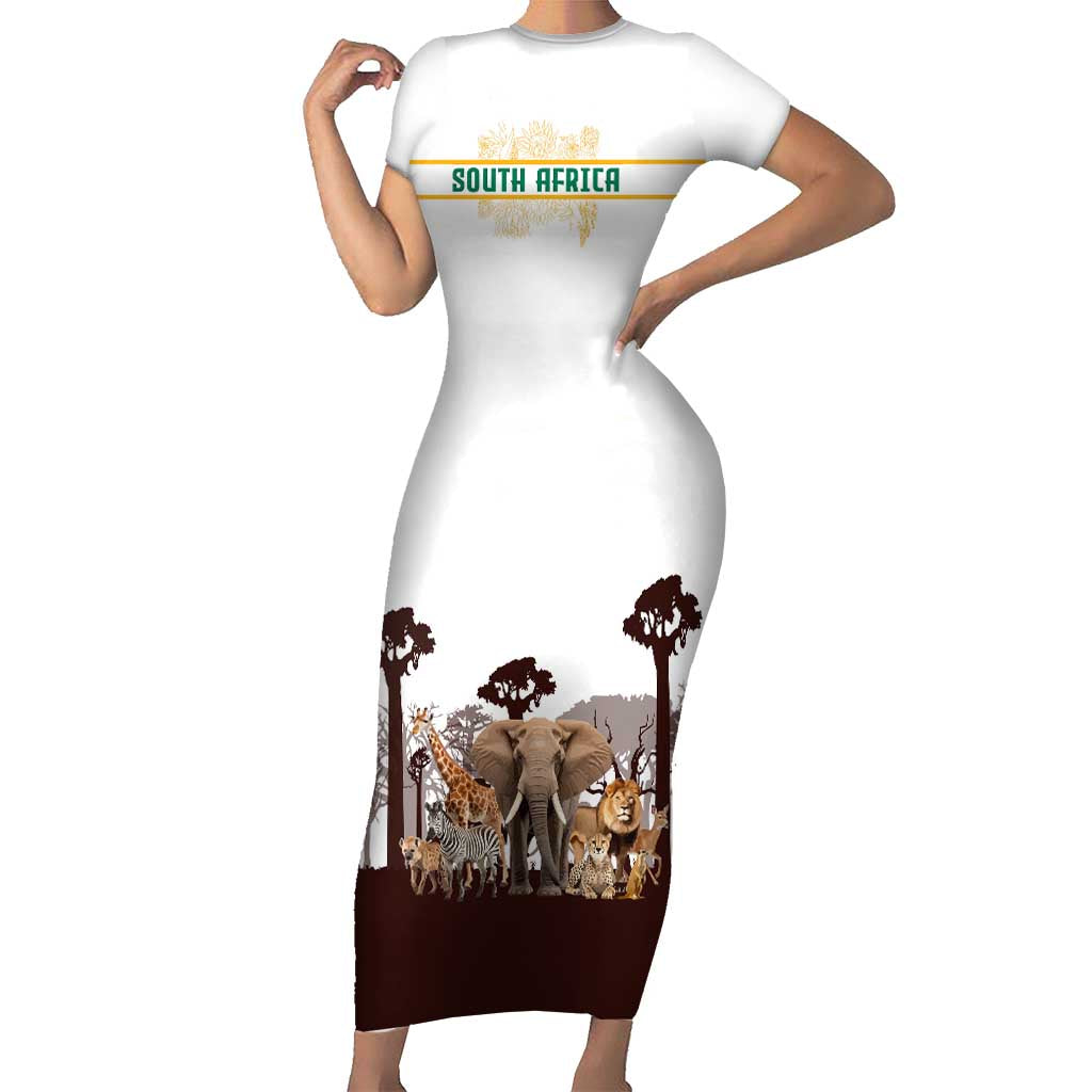 South Africa Wildlife Pride Short Sleeve Bodycon Dress Big Five with National Flag and Protea Floral Accent